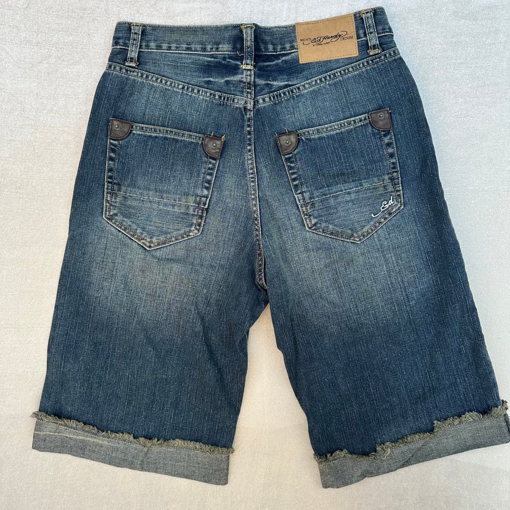 Ed Hardy Denim Shorts Men's 31 Blue Distressed Y2K Long Baggy Jean Shorts